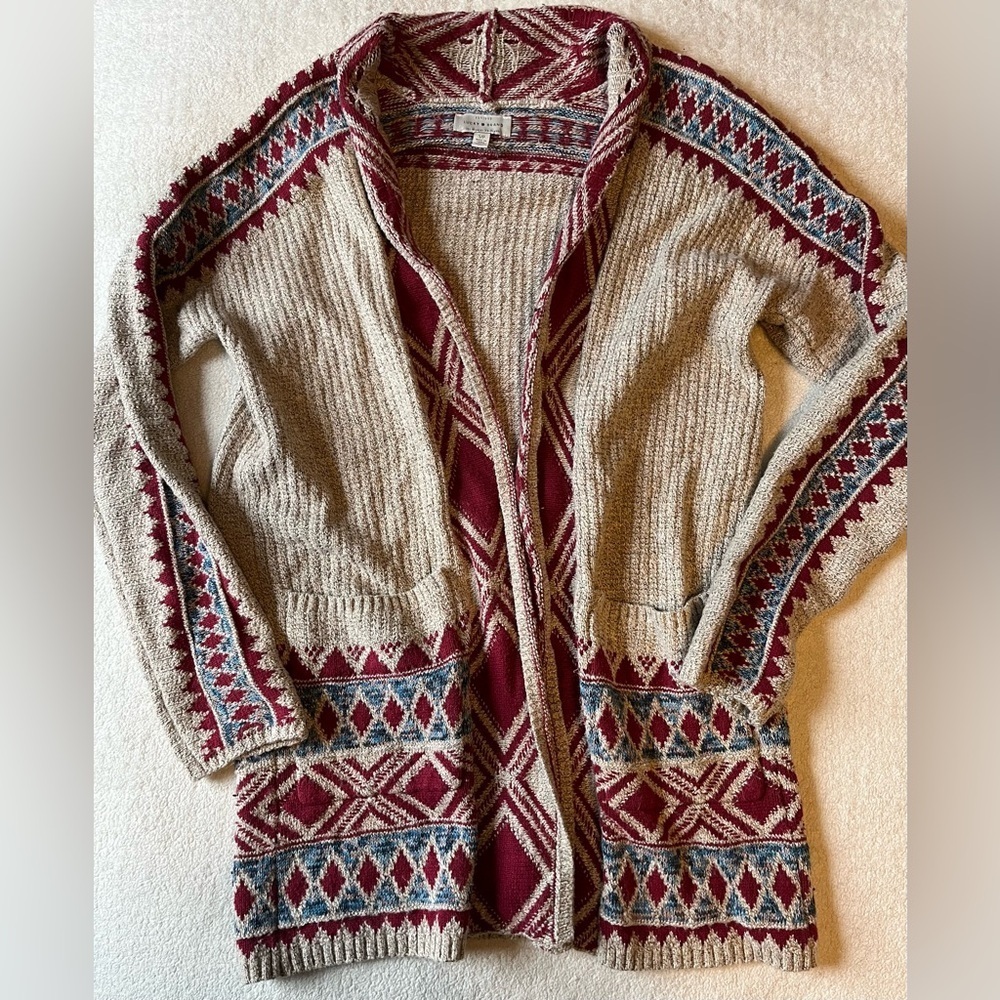 Lucky Brand Sweater. Open Front Cardigan. Tan Red. Women’s Sz Small